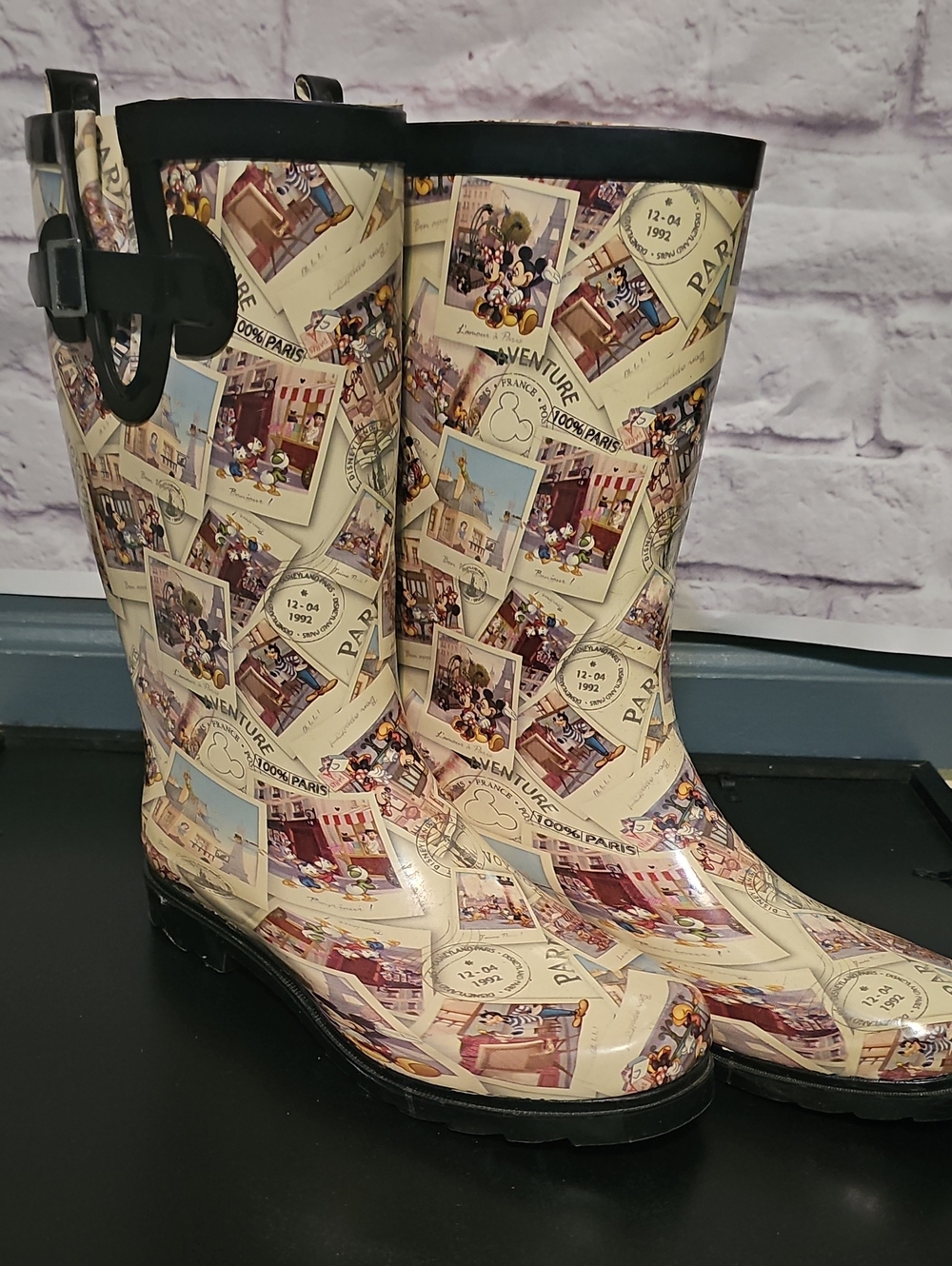 Paris-Disney Cream Postcard-Print Women's Rain Boots with Black Trim